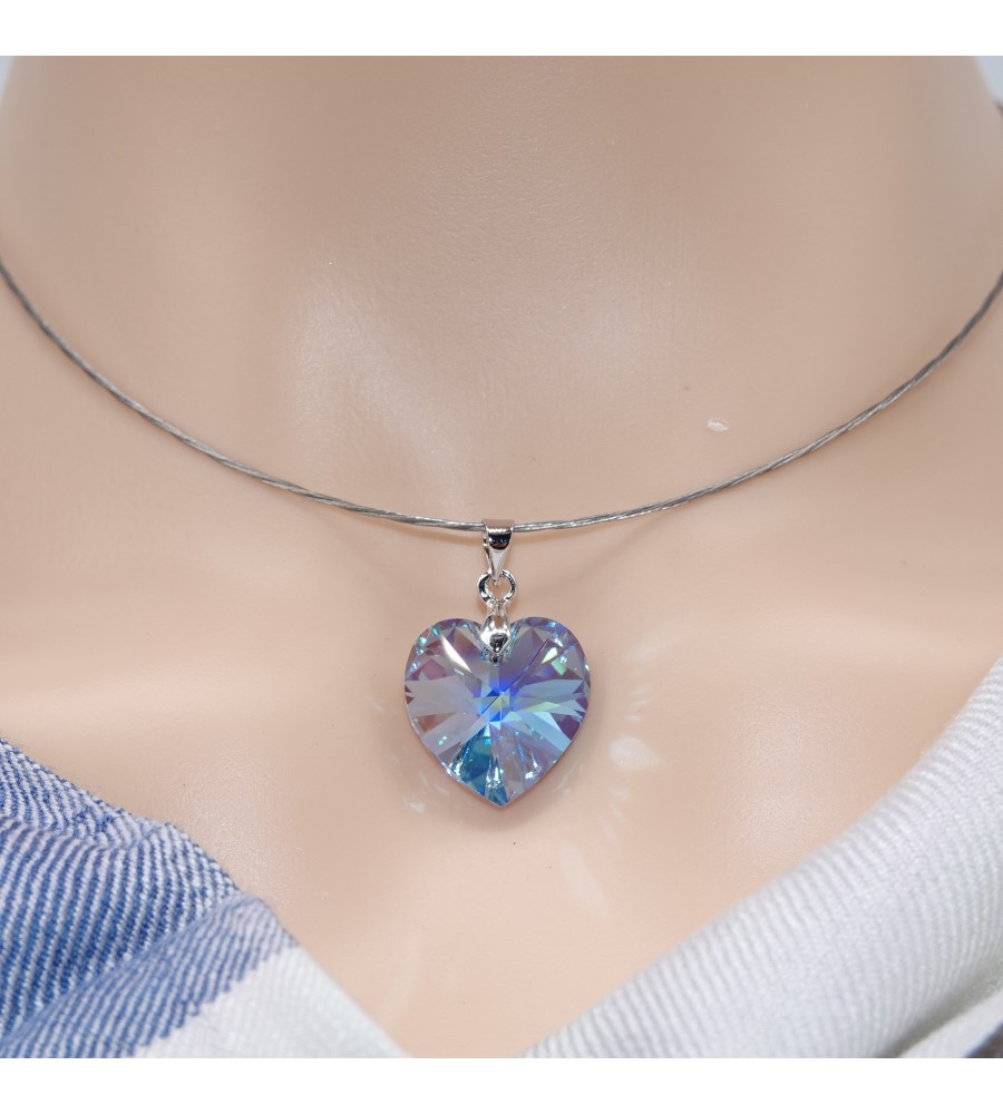 Cœur Aquamarine collier ras de cou artisanal argenté