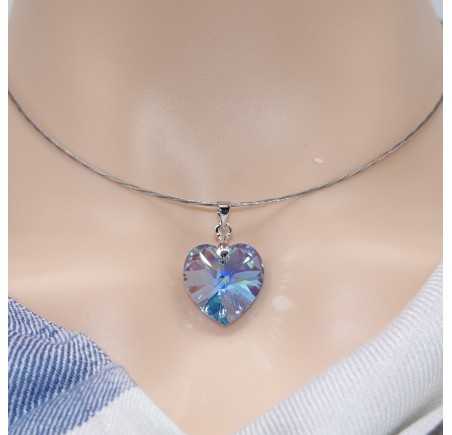 Cœur Aquamarine collier ras de cou artisanal argenté