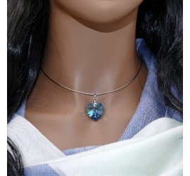 Cœur Aquamarine collier ras de cou artisanal argenté