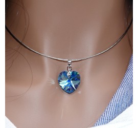 Cœur Aquamarine collier ras de cou artisanal argenté