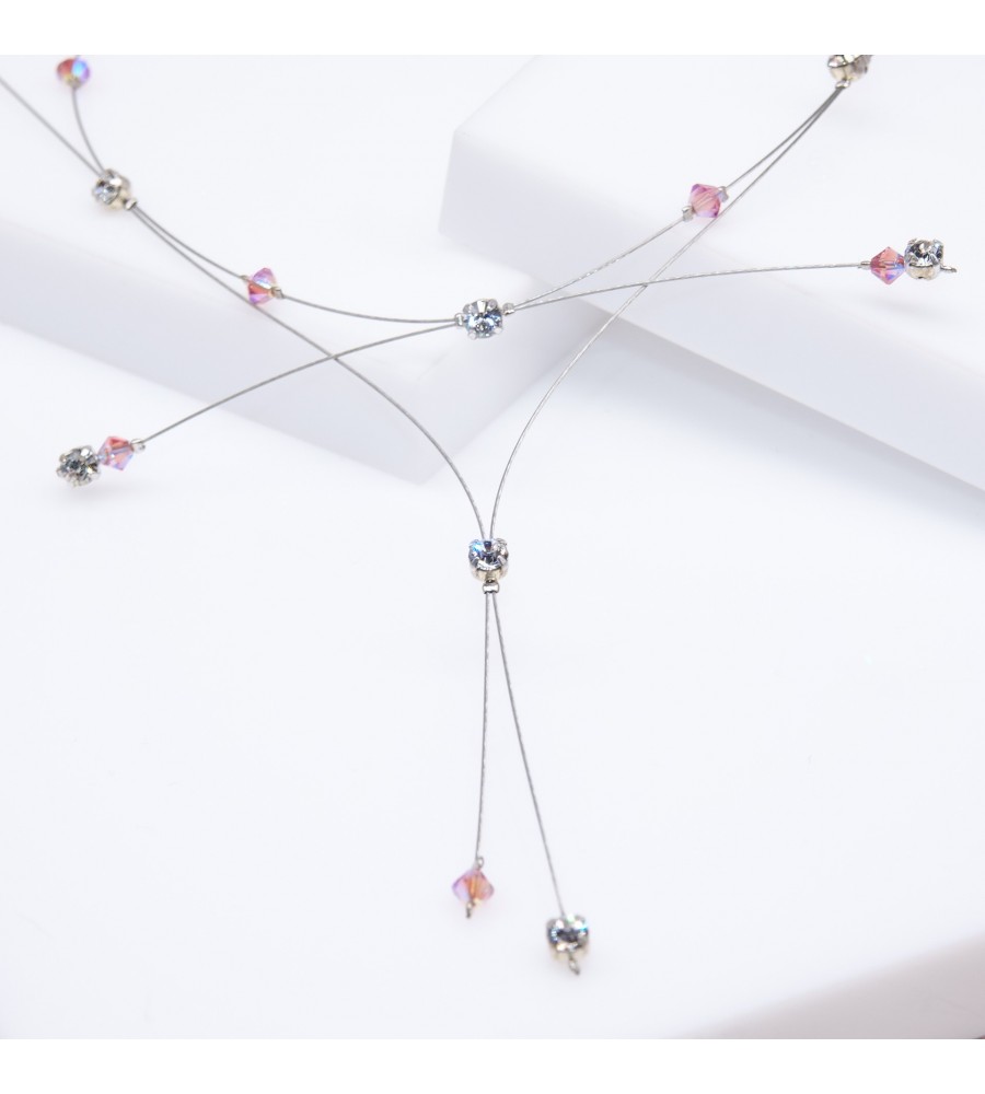 Toupie et chaton monté Rose et Crystal collier artisanal argenté Toupie et chaton monté Rose et Crystal collier artisanal argenté