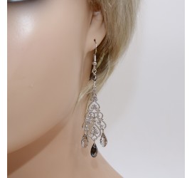 Goutte Crystal Silver Night et Patina boucles d'oreilles artisanale argenté