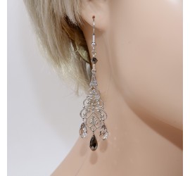 Goutte Crystal Silver Night et Patina boucles d'oreilles artisanale argenté