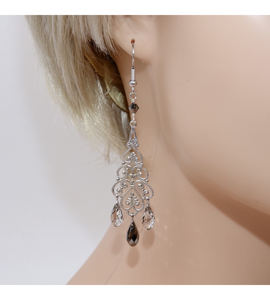 Goutte Crystal Silver Night et Patina boucles d'oreilles artisanale argenté