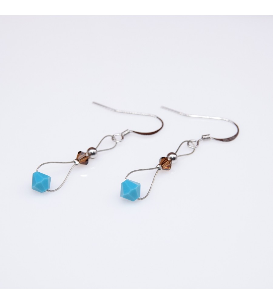 Toupie Turquoise et Smoked Topaz boucle d'oreille artisanale argenté