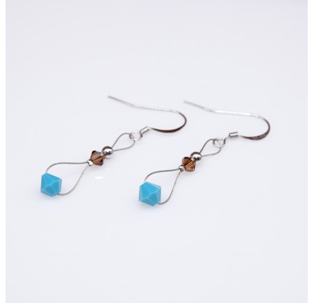 Toupie Turquoise et Smoked Topaz boucle d'oreille artisanale argenté