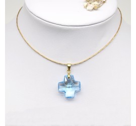 Collier artisanal ras de cou doré Croix Aquamarine