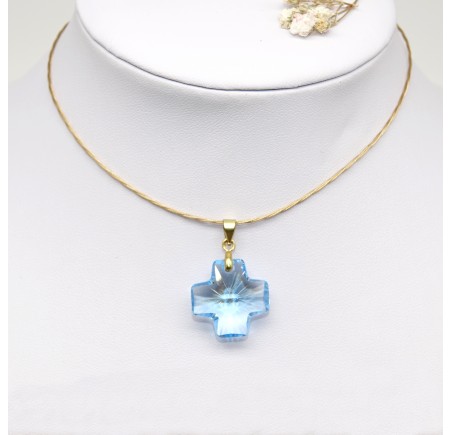 Collier artisanal ras de cou doré Croix Aquamarine