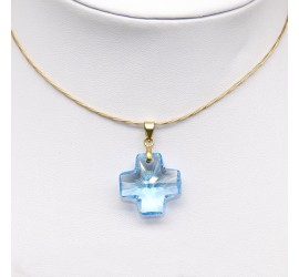 Collier artisanal ras de cou doré Croix Aquamarine