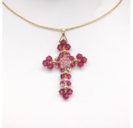 Collier artisanal ras de cou doré croix fuchsia et Light Rose